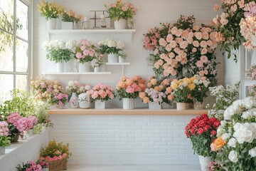 Naklejka premium Bright pastel colors fill the kitchen where flowers are arranged neatly on a countertop and shelves. Beautiful blooms create a cheerful atmosphere in this inviting workspace