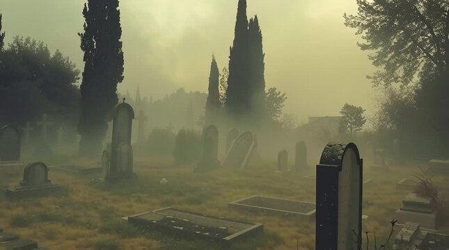 Foggy graveyard cemetery spooky halloween scene with tombstones and trees eerie and atmospheric view