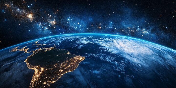 A geostationary satellite orbits Earth, capturing a breathtaking perspective of the planet and the cosmos. The continents are illuminated, showcasing cities and diversity