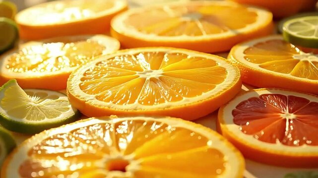 Sliced oranges, lemons, and limes glisten in bright light, perfect for showcasing fresh citrus and vibrant colors.