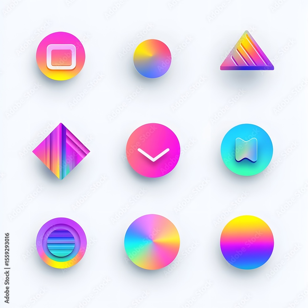 Poster colorful geometric shapes in vibrant gradients arranged in a grid pattern, showcasing modern design 