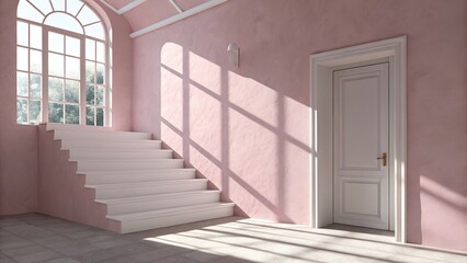 Obraz premium Soft Pink Room with White Stairs and Gentle Sunlight Shadows – Minimal Interior Design