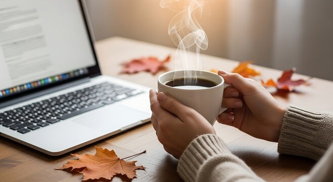 Hands holding a cup of hot coffee near laptop with autumn leaves on wooden desk. Cozy work from home, remote work and autumn hygge lifestyle concept.

 - Powered by Adobe