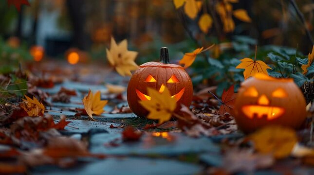 Halloween pumpkins glowing on a path with fall leaves spooky season autumn decorations october vibes