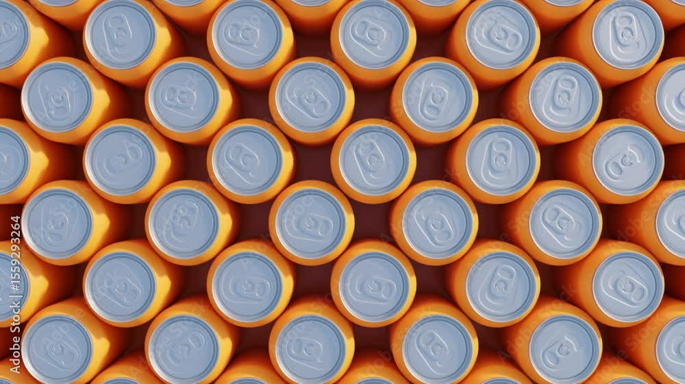 Poster abstract 3d top-down seamless loop of orange beverage cans forming uniform rows. perfect for visual 