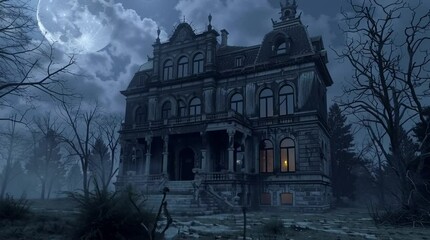 Haunted house spooky mansion background with full moon and fog halloween night scary gothic architecture - Powered by Adobe