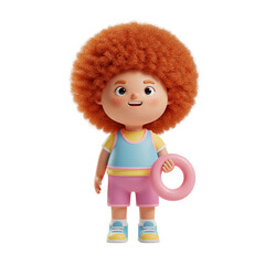 Young child with curly hair holding a swim ring and smiling  