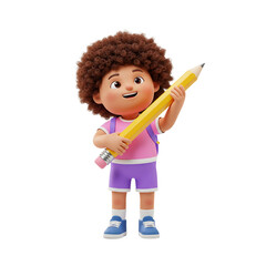 Cartoon boy holding a giant pencil and smiling with backpack  