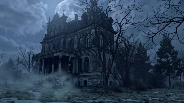 Haunted house spooky mansion at night with full moon scary halloween scene creepy dark gothic architecture