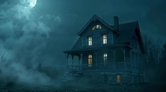 Haunted house at night spooky scene with full moon and fog creepy halloween background wallpaper image