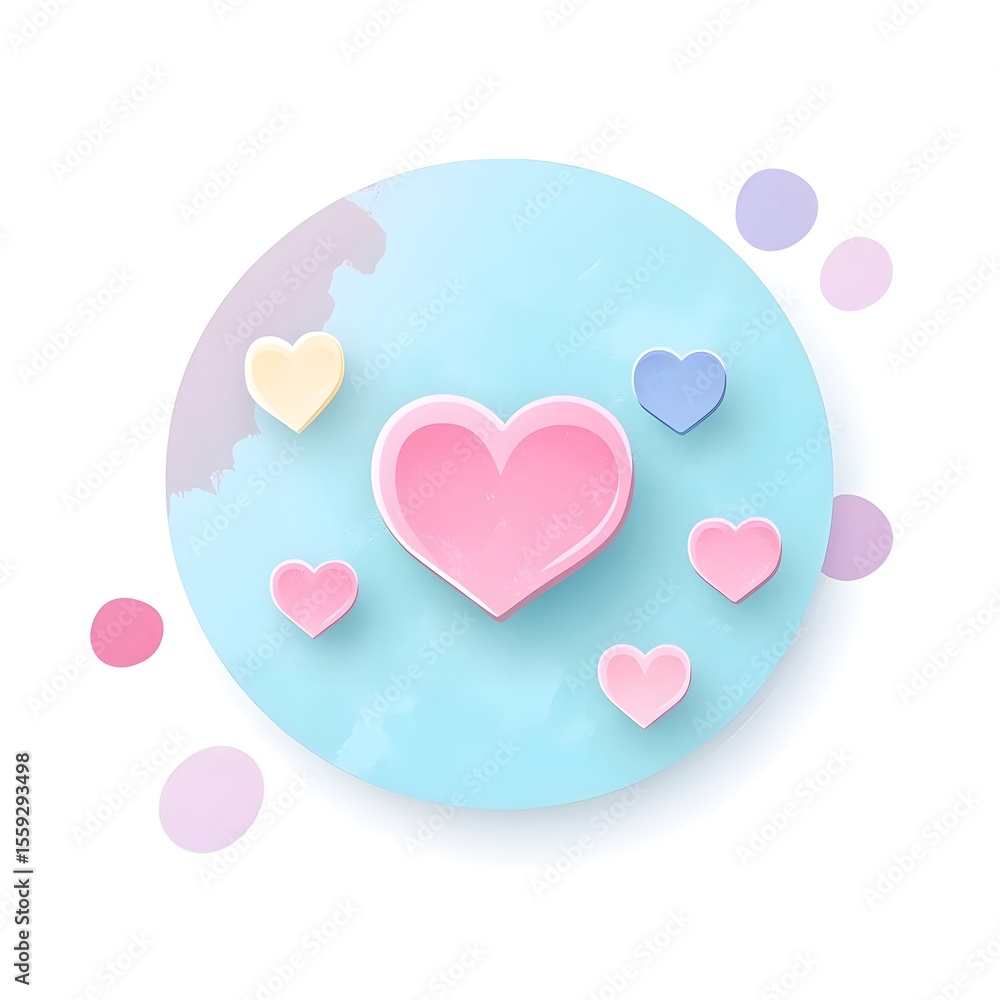 Poster colorful heart shapes in various sizes are arranged on a light blue circular background, creating a 
