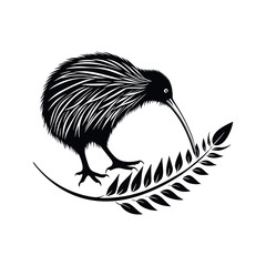 Majestic Kiwi Bird Silhouette with Fern A Stunning Black and White Illustration of New Zealand's National Icon