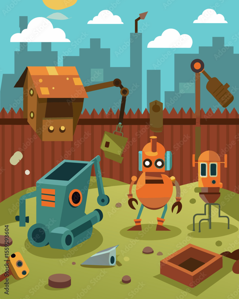 Poster a backyard littered with rusty and broken down robots and automation tools no longer needed or funct