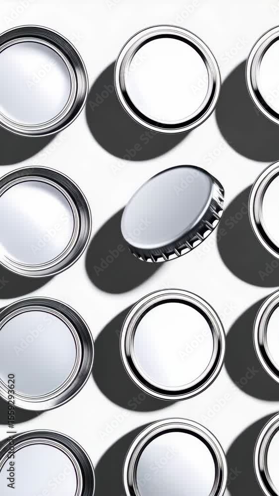 Poster metallic bottle caps arranged in a grid pattern with one tilted and elevated on a white background w