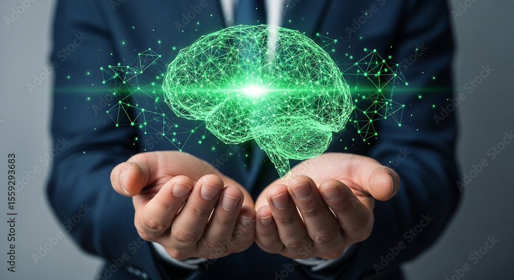 Poster digital brain ai artificial intelligence technology concept in hands innovation and future tech