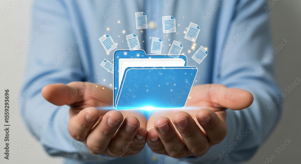 Poster digital document management system file sharing and storage solution concept with folder in hands