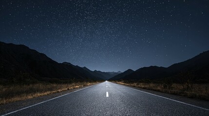 Fototapeta premium Asphalt road stretches into the distance under a starry night sky and mountains.