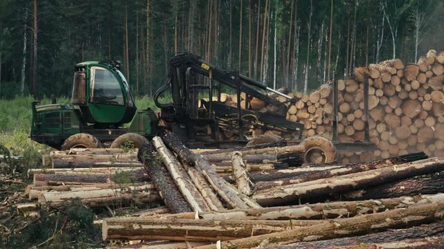 Industrial transportation vehicle driving near huge logging piles. Industrial vehicle is used for transportation of the wooden material. Industrial transportation vehicle used for forestry Industry.