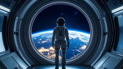 Astronaut gazing at Earth from spaceship window, observing vibrant blue planet and distant twinkling stars in deep outer space. - Powered by Adobe