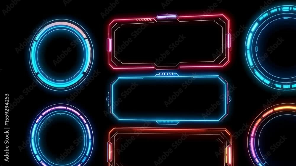 Poster collection of colorful futuristic interface elements with glowing neon frames and circular hud desig