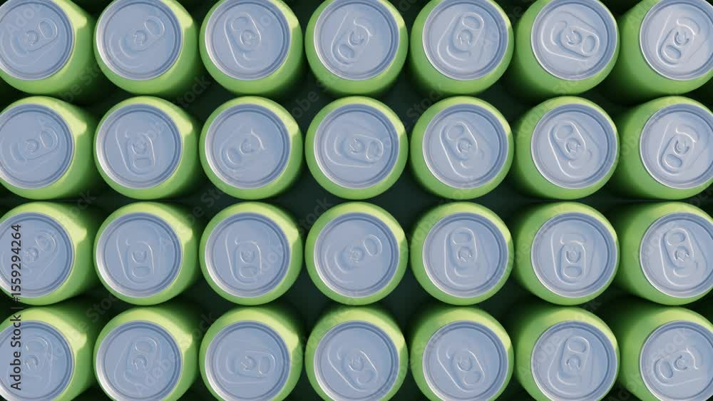Poster abstract 3d top-down view of green aluminum drink cans in a structured formation. seamless loop for 