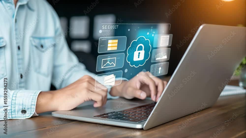 Poster person typing on a laptop with cloud security interface overlay on a wooden surface indoors