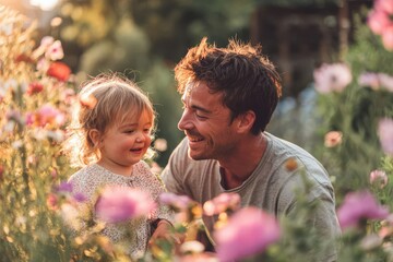Happy father and daughter laughing together in a garden at sunset, surrounded by colorful flowers and warm pastel tones, capturing joyful summer moments.