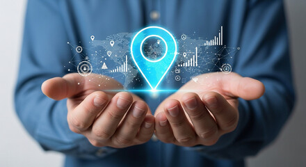 Location technology concept: hands holding digital map pin and data visualization for global network
