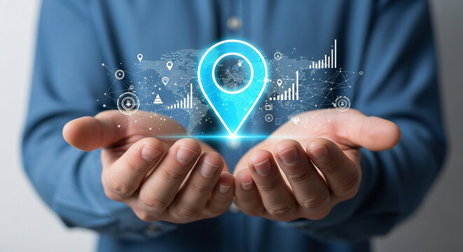 Location technology concept: hands holding digital map pin and data visualization for global network - Powered by Adobe