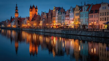 Obraz premium Picturesque cityscape reflecting in Motlawa River during blue hour in Gdansk, Poland