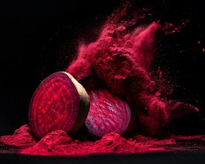 Vibrant red beets are sliced in half, surrounded by a cloud of bright pink powder, creating a striking visual contrast against a dark background, showcasing natural beauty and culinary potential