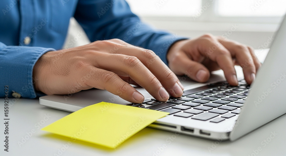 Poster typing on laptop keyboard for work from home productivity and office task management with sticky not