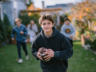 Fototapeta premium Young male athlete in black hoodie is running on green grass while holding an American football, with friends playing in the background, showcasing outdoor sports and teamwork