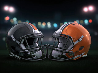 Fototapeta premium Two American football helmets, one black and one orange, positioned face to face on a grassy field, illuminated by bright stadium lights, symbolizing competition and teamwork in sports