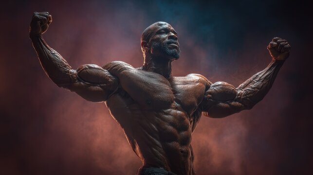 Powerful african american bodybuilder flexing and showing off well defined muscles against a dark backdrop with red highlights, displaying peak physical condition