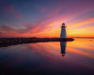 Fototapeta premium Long exposure of a stunning lighthouse at sunset, showcasing vibrant sky colors and reflections on calm water, creating an enchanting coastal scene.
