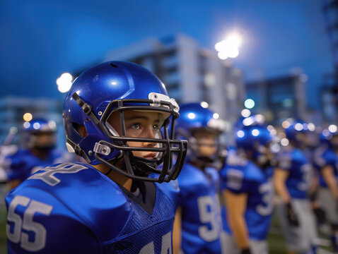 Young athlete wearing blue football helmet and uniform stands focused on the field, surrounded by teammates in matching gear, under stadium lights, capturing the spirit of teamwork and competition