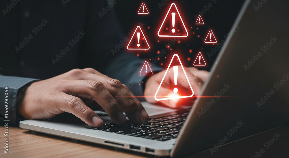 Poster cyber security threat alert on laptop computer with warning signs for virus malware and data breach 