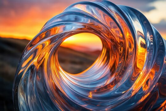A spiraling clear structure reflects a vibrant sunset, creating an abstract and captivating visual with warm and cool tones.