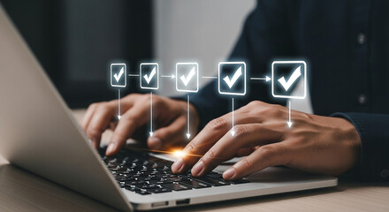 Workflow checklist automation on laptop for business process management and task management system online