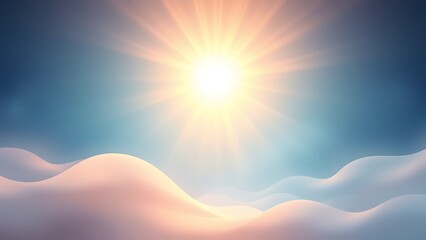 Abstract Sunrise Landscape - Soft, Dreamy Hills and Shining Light Rays Illustration for Backgrounds, Presentations, and Calm Mood Design Projects