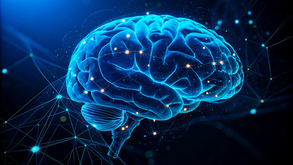 Glowing blue digital brain with interconnected neural network nodes and glowing orange lights on a dark background