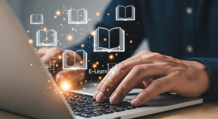 Online education and e learning concept person using laptop for digital courses and virtual classes now 100 char