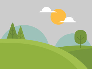 Fototapeta premium Stylized flat landscape with rolling green hills trees sun and clouds