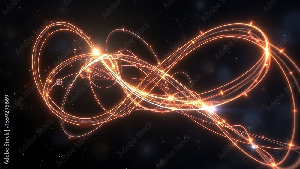 Poster abstract light trails in space - dynamic orange lines and starfield for science and technology conce