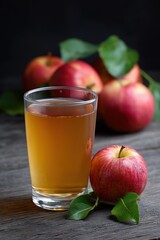 Fresh apple juice in a glass surrounded by red apples on wooden surface