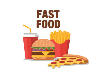 Delicious fast food combo meal with burger fries and pizza slice