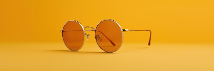 Stylish round sunglasses with orange lenses on vibrant yellow background