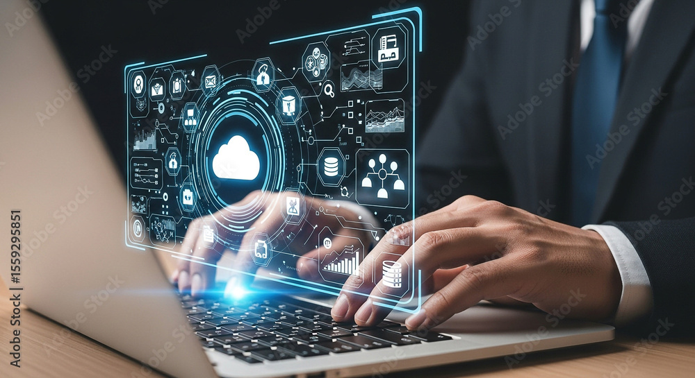 Poster cloud computing technology concept businessman using laptop with digital interface vision