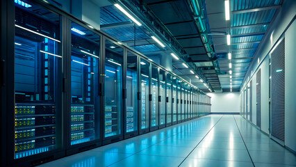 Fototapeta premium Data center hallway with rows of glowing server racks behind glass doors and overhead lighting. data, center, server, technology